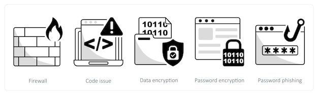 Een set van 5 beveiligingsiconen als firewall code issue data encryptie