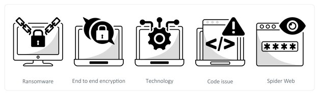 Een set van 5 beveiligingsiconen als ransomware end-to-end encryptie technologie