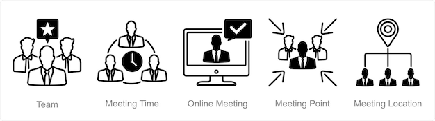 Een set van 5 bijeenkomst iconen als team bijeenkomst tijd online bijeenkomst
