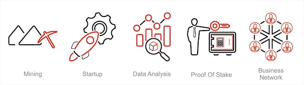 Vector een set van 5 blockchain-iconen als mijnbouw startgegevensanalyse