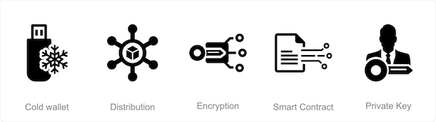 Een set van 5 Blockchain-pictogrammen als versleuteling van de distributie van koude portemonnees