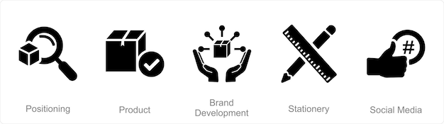 Een set van 5 brandingpictogrammen als positionering van de productmerkontwikkeling