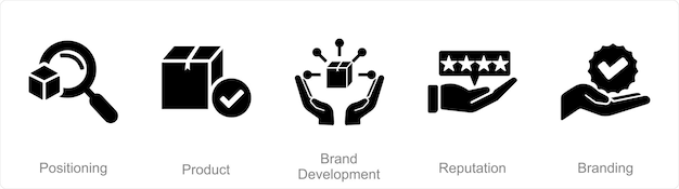 Een set van 5 brandingpictogrammen als positionering van de productmerkontwikkeling