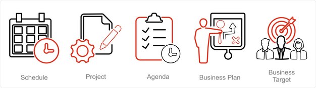 Een set van 5 business presentation iconen als schema project agenda