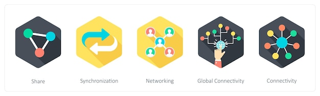 Een set van 5 communicatie-icons als deel synchronisatie netwerk