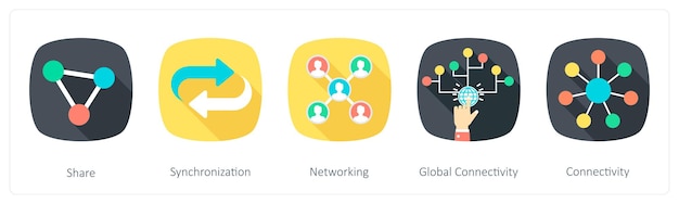 Een set van 5 communicatie-icons als deel synchronisatie netwerk