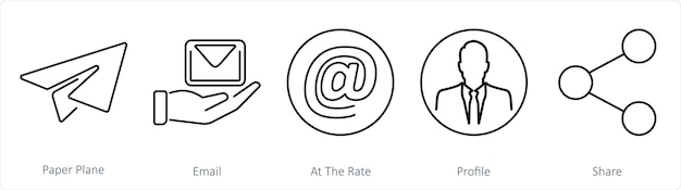 Een set van 5 contact iconen als papier vliegtuig e-mail bij de snelheid