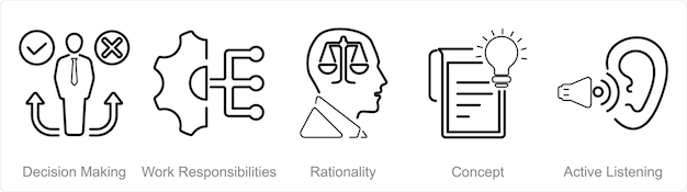 Een set van 5 Critical Thinking-icons als besluitvorming, werkverantwoordelijkheden, rationaliteit