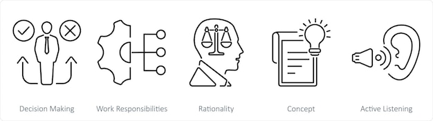 Een set van 5 Critical Thinking-icons als besluitvorming, werkverantwoordelijkheden, rationaliteit