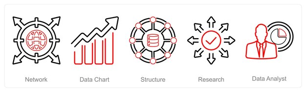 Een set van 5 data-analyse-iconen als netwerkgegevensdiagramstructuur