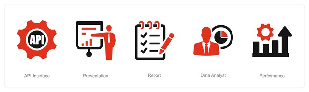 Een set van 5 data-analyse-icons als API-interface presentatierapport