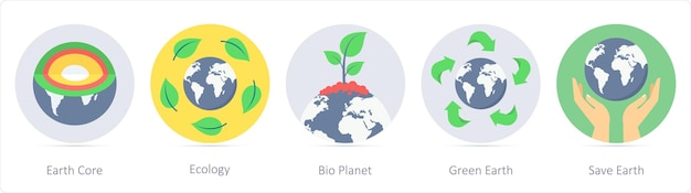 Een set van 5 ecologie iconen als aarde kern ecologie bio planeet