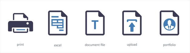 Een set van 5 grafische hulpmiddelen iconen zoals afdrukken excel documentbestand