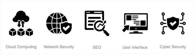 Een set van 5 Hard Skills iconen als cloud computing netwerk beveiliging SEO