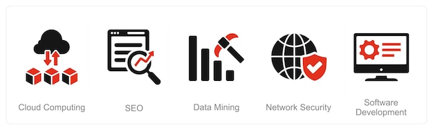 Een set van 5 Hard Skills iconen als cloud computing seo data mining