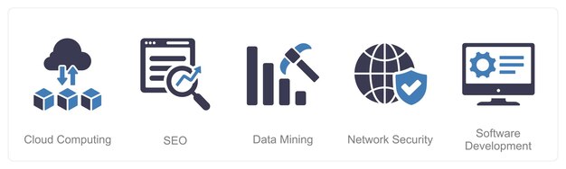 Een set van 5 Hard Skills iconen als cloud computing seo data mining