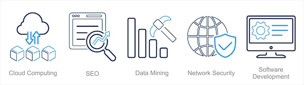 Een set van 5 Hard Skills iconen als cloud computing seo data mining