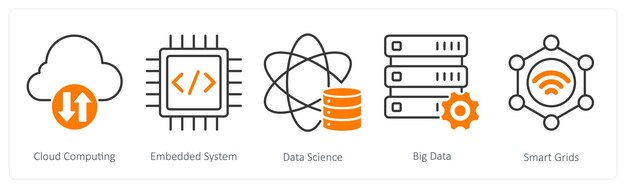 Een set van 5 industriële iconen als cloud computing embedded system data science