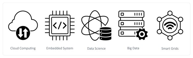 Een set van 5 industriële iconen als cloud computing embedded system data science