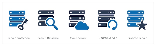 Een set van 5 Internet-iconen als serverbescherming zoekdatabase cloud server