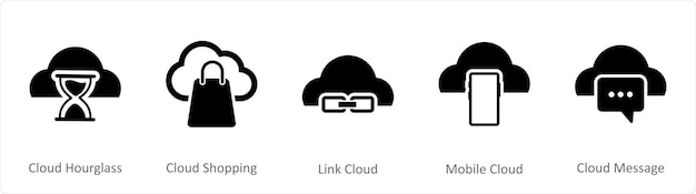 Vector een set van 5 internet zwarte pictogrammen als wolk zandklok wolk winkelen link wolk