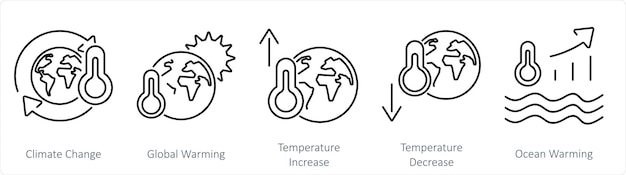 Een set van 5 klimaatverandering iconen als klimaatverandering wereldwijde opwarming temperatuurstijging