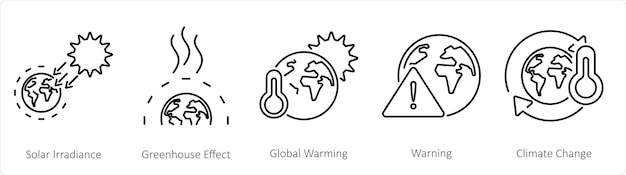 Een set van 5 klimaatverandering iconen als zonnestraling broeikaseffect opwarming van de aarde