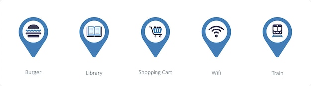 Een set van 5 locatie iconen zoals Burger Library Shopping Cart