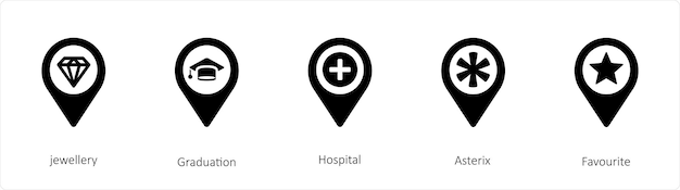 Een set van 5 locatie iconen zoals sieraden Graduation Hospital