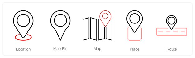 Een set van 5 locatiepictogrammen als locatiekaart pinkaart