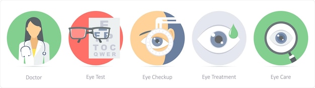 Een set van 5 medische iconen als dokter oogtest oogcontrole