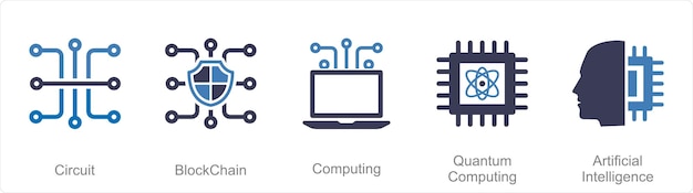 Vector een set van 5 mix-iconen als circuit blockchain computing