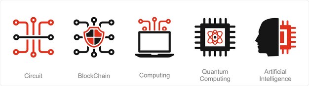 Een set van 5 Mix-iconen als circuit blockchain computing