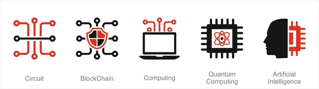 Vector een set van 5 mix-iconen als circuit blockchain computing