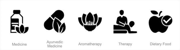 Een set van 5 Mix iconen als medicijn ayurvedische geneeskunde aromatherapie