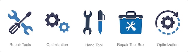 Een set van 5 Mix iconen als reparatie gereedschappen optimalisatie hand gereedschap