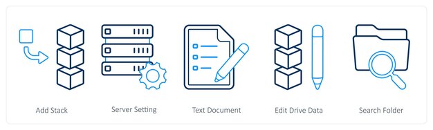 Een set van 5 mix iconen als toevoegen stack server instelling tekst document