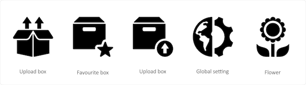 Een set van 5 mix iconen zoals upload box favoriet box