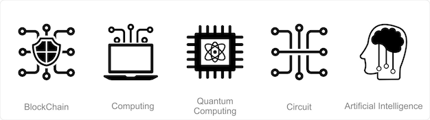 Een set van 5 mixpictogrammen als quantum computing voor blockchain computing