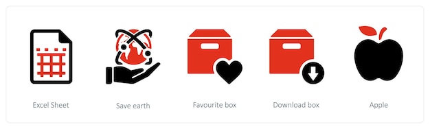 Een set van 5 mixpictogrammen zoals excel sheet save earth