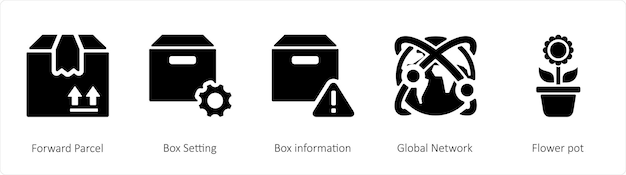 Een set van 5 mixpictogrammen zoals forward parcel box setting