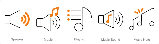Een set van 5 muziekpictogrammen als luidspreker muziek afspeellijst