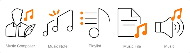 Een set van 5 muziekpictogrammen als muziekcomponist muzieknoot afspeellijst