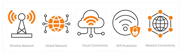 Een set van 5 Seo-iconen als draadloos netwerk wereldwijde netwerk cloud connectiviteit
