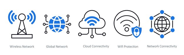Een set van 5 Seo-iconen als draadloos netwerk wereldwijde netwerk cloud connectiviteit