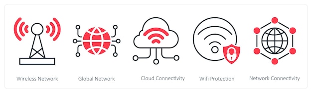 Een set van 5 Seo-iconen als draadloos netwerk wereldwijde netwerk cloud connectiviteit