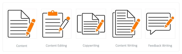 Een set van 5 Seo-iconen als inhoud inhoud bewerking copywriting