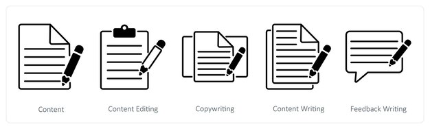 Een set van 5 Seo-iconen als inhoud inhoud bewerking copywriting