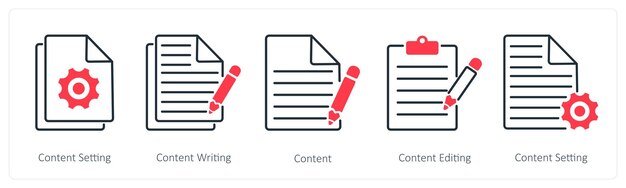 Een set van 5 Seo-iconen als inhoudsinstelling inhoud schrijven inhoud