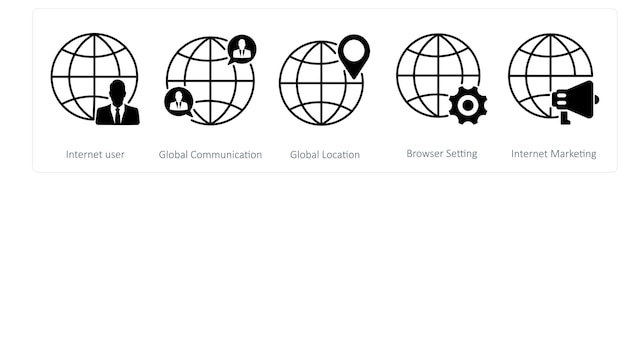 Een set van 5 Seo-iconen als internetgebruiker wereldwijde communicatie wereldwijde locatie